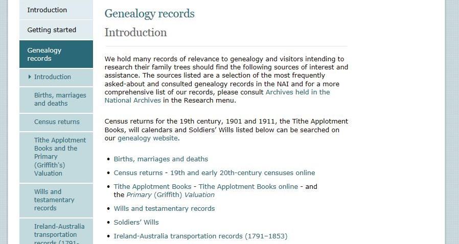 * Click on the National Archives of Ireland Link to open the following