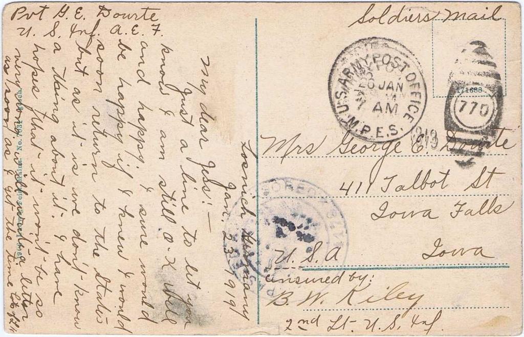 Figure 3. 1919 postcard from Losnich, Germany and Army Post Office 770 to Iowa Falls, Iowa with sender's name, censor's stamp and signature, and Soldier's Mail (Author's collection) Mrs. E. D.