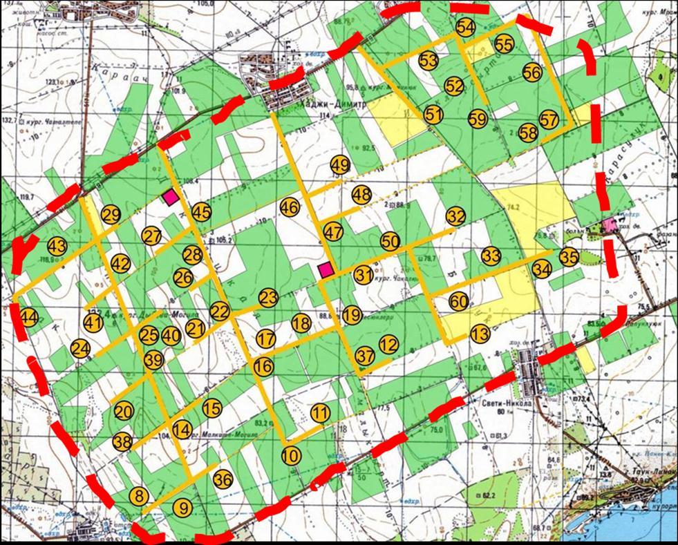 Figure 2. Map showing the main agricultural crops in SNWF territory in the environs of the study area (indicated by a red dashed line). Green wheat, white sunflower and corn, yellow rape.