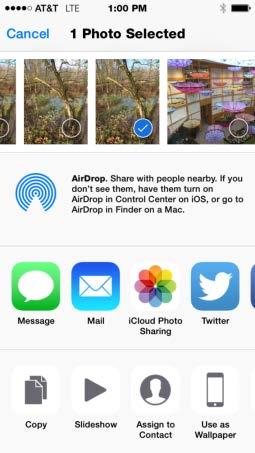 Sharing a Photo (2) AirDrop lets you send a photo to other people s Apple devices instantly, encryptedly, easily, using WiFi and Bluetooth.