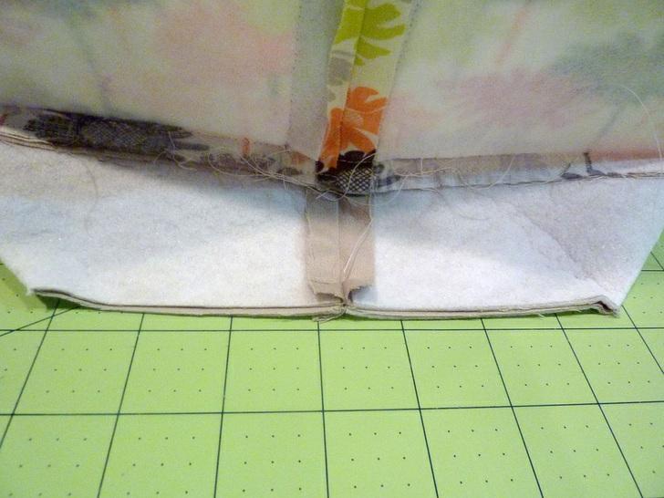 2. Pull the square apart to match up the side and bottom seams. Pin in place and stitch across, using a ½" seam allowance. 3. Double or triple stitch to secure this seam. 4.