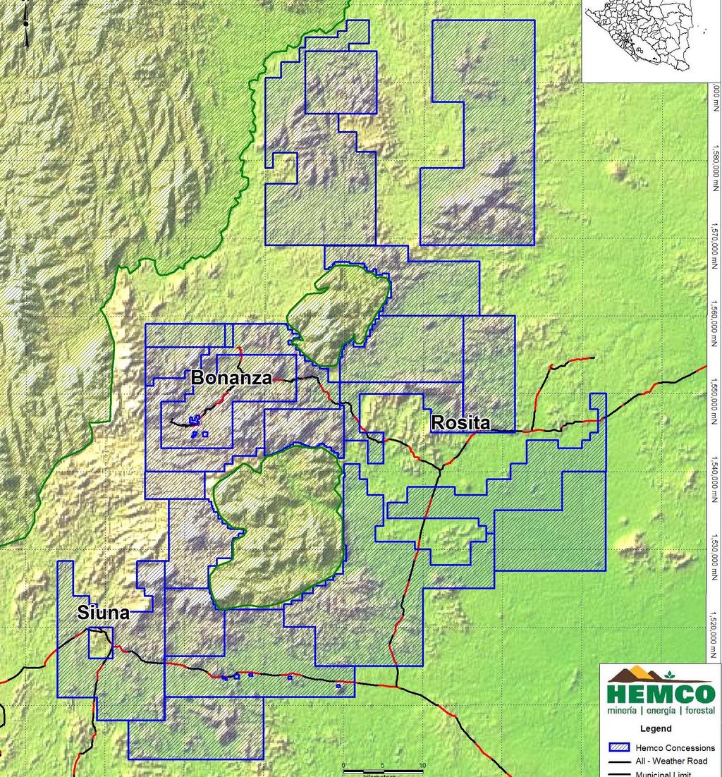 HEMCO Concession Package BOSAWAS Cola Blanca 26 exploration concessions totaling 269,400 Ha. Includes 12,400 ha Mining Concession awarded in 1994 for 50 years.
