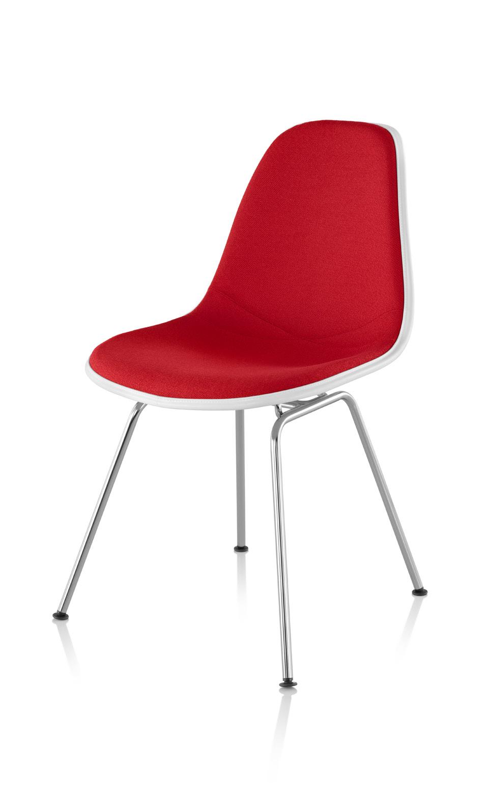 Eames Upholstered Molded Plastic Side Chair 4-Leg Base 16% recycled content; 84% recyclable Exemplifying the designers mantra of the best for the most for the least, molded plastic side chair