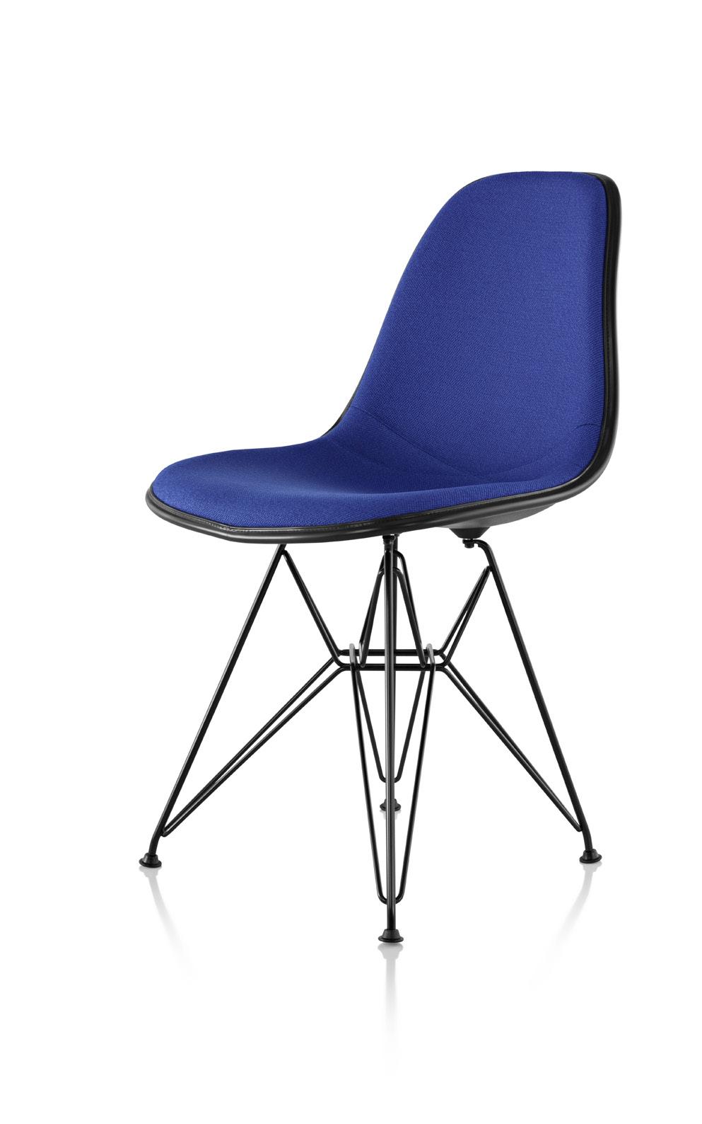 Eames Upholstered Molded Plastic Side Chair Wire Base 16% recycled content; 84% recyclable The organic shape and sophisticated lines of molded plastic side chair make it a desirable design