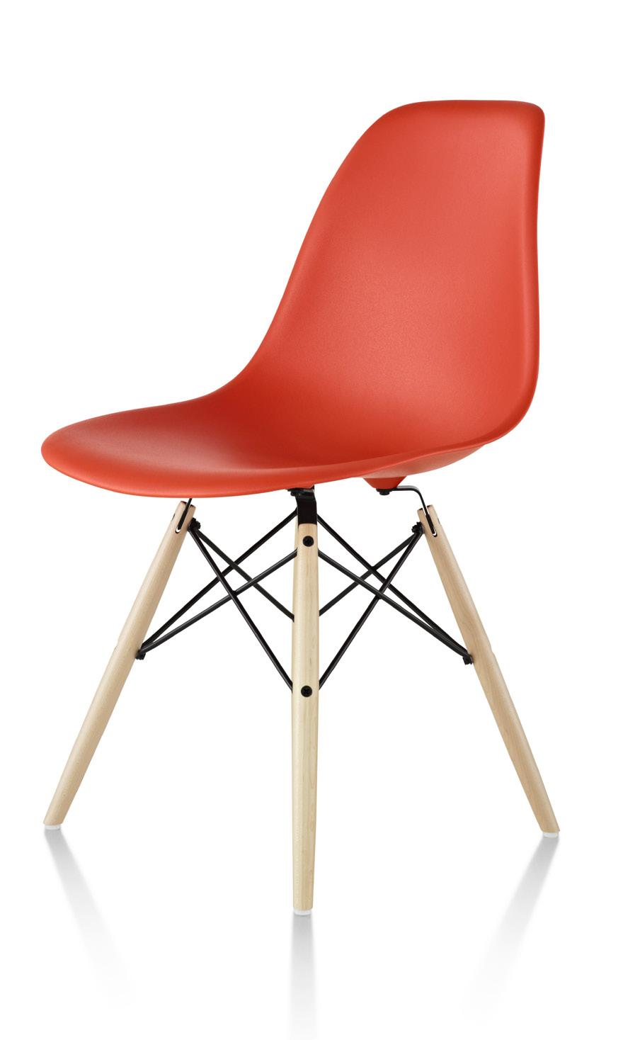 Eames Molded Plastic Side Chair Dowel Base 15% recycled content; 92% recyclable In this expression of the Charles and Ray Eames single-form Molded