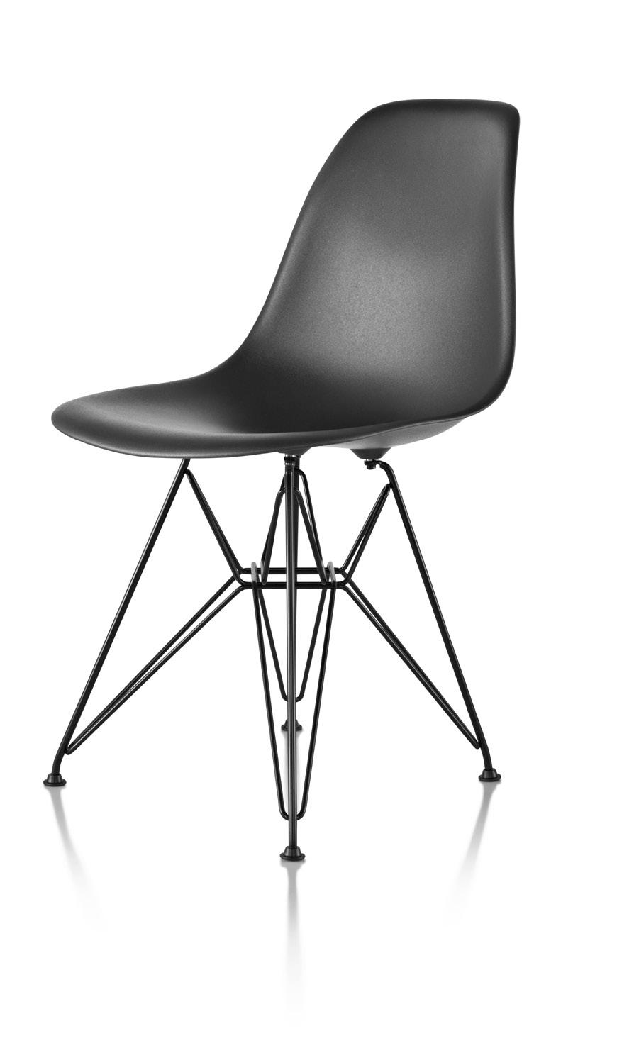 Eames Molded Plastic Side Chair Wire Base 16% recycled content; 100% recyclable The organic shape and sophisticated lines of molded plastic side chair make it a desirable design object as