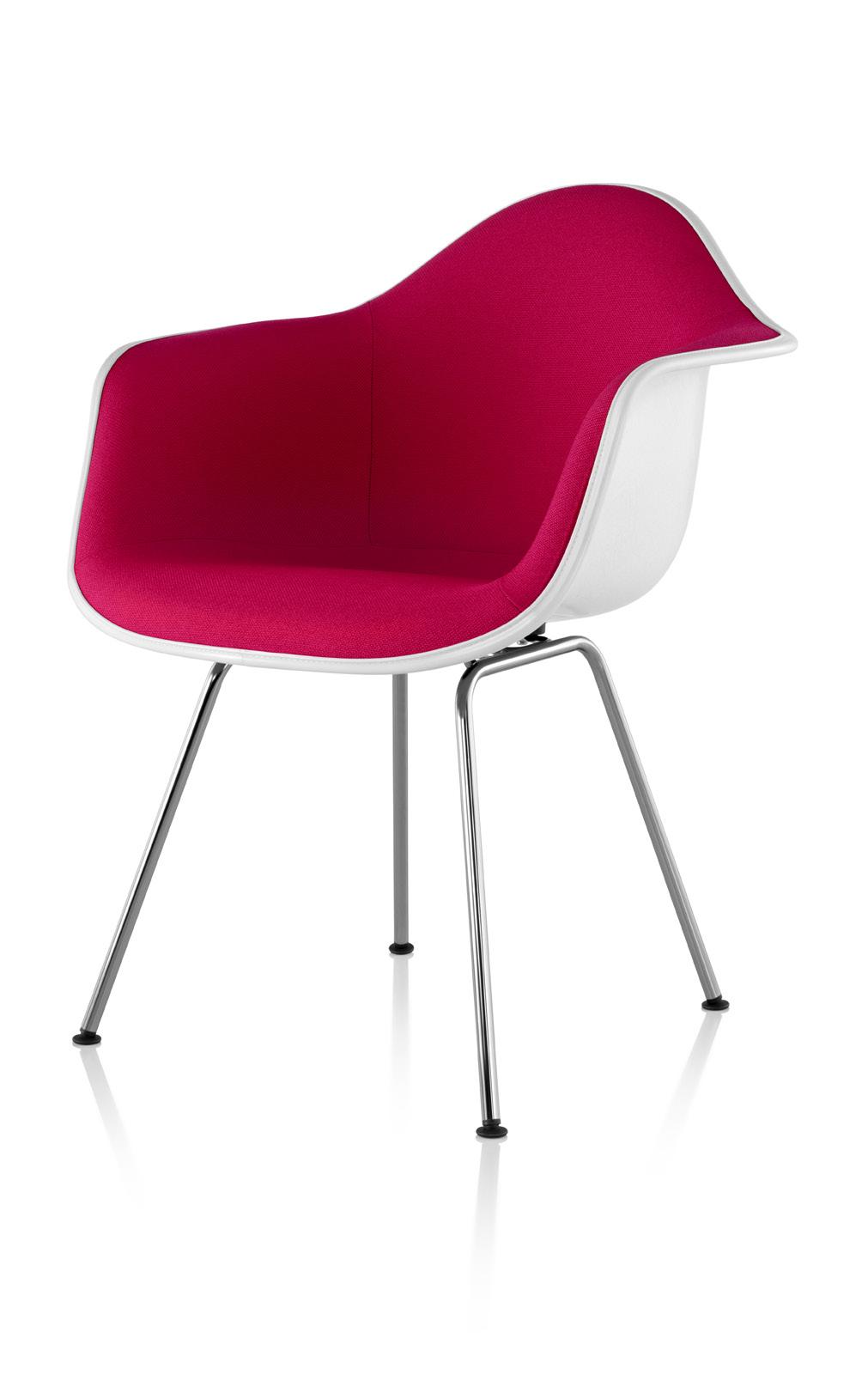 Eames Upholstered Molded Plastic Armchair 4-Leg Base 14% recycled content; 86% recyclable The sleek lines and organic shape of this enduring chair by Charles and Ray Eames epitomize their