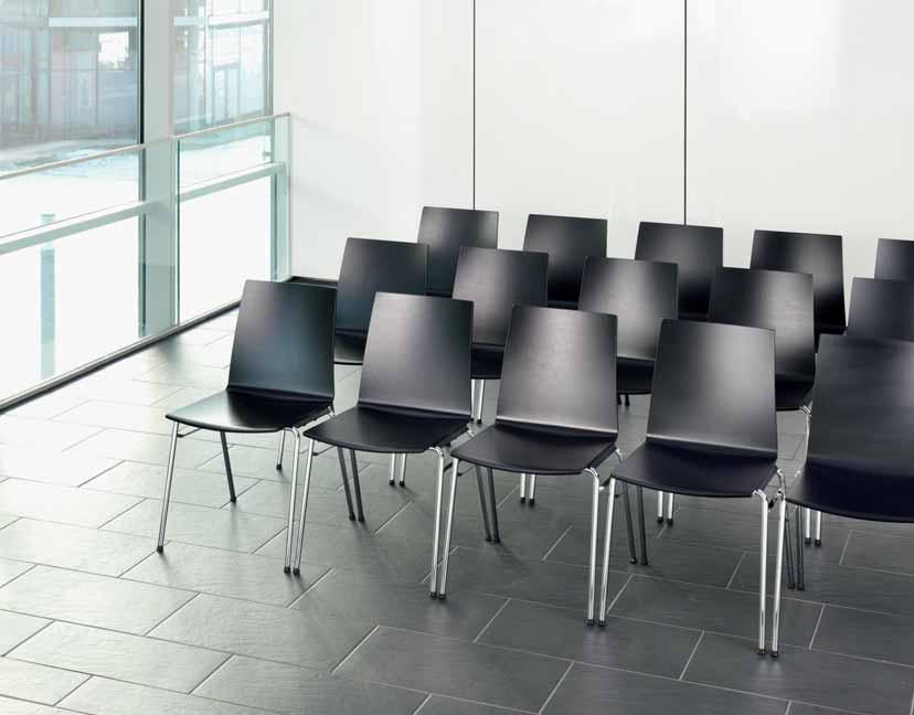 The laminate finish is more resistant, for use in cafeterias and company restaurants, for example. The functions are unobtrusively and logically integrated into the chair.