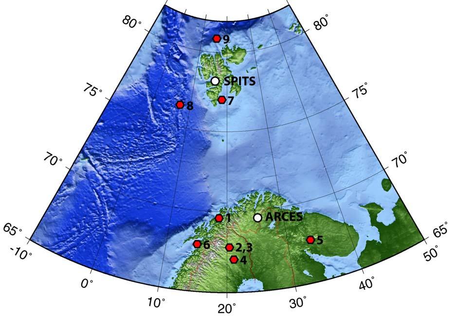 Figure 1. Map of the European Arctic showing the location of the seismic events analyzed in this study, together with the location of the ARCES and Spitsbergen arrays.