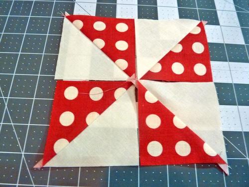for those new to quilting; Part 4B covers chain piecing. 4. Press flat, pressing the seam allowance towards the darker triangle. When complete, you should have sixteen squares. 5.