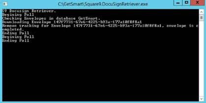 Process Completed (Signed) Documents Run the DocuSign Retriever Service To process a document that was sent to DocuSign and has been completed, you use Square9DocuSignRetriever.exe.