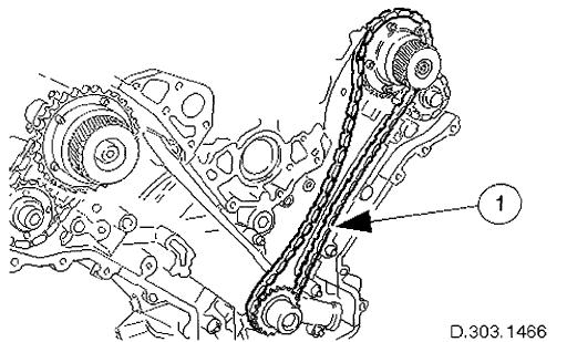 1. Install the chain tensioning tool 303-532 to the exhaust camshaft sprocket, Bank 2. Reposition the sprocket (and the VVT unit) for the most advantageous position for use of the tool.
