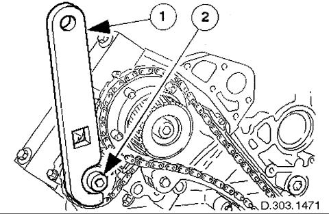 11. Install the primary chain tensioner assembly. Use a wedge 303-533 (or two if required) between the primary chain tensioner and tensioner blade, to take up the slack in the chain. 12.