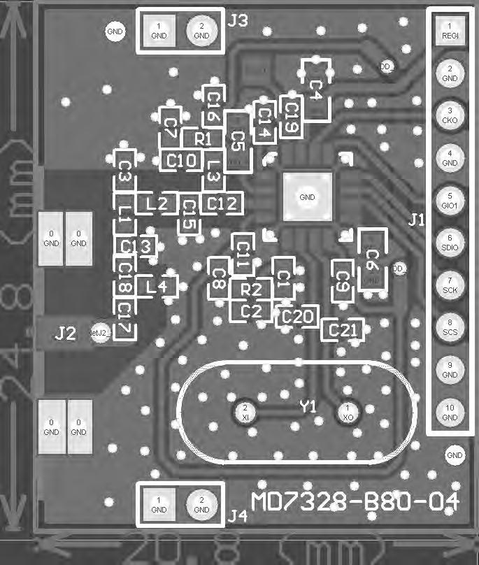 MD7328-B80 is based on a design by a double-sided FR-4 board of 0.8mm thickness. All passive components are 0402 size. This PCB has a ground plane on the bottom layer.