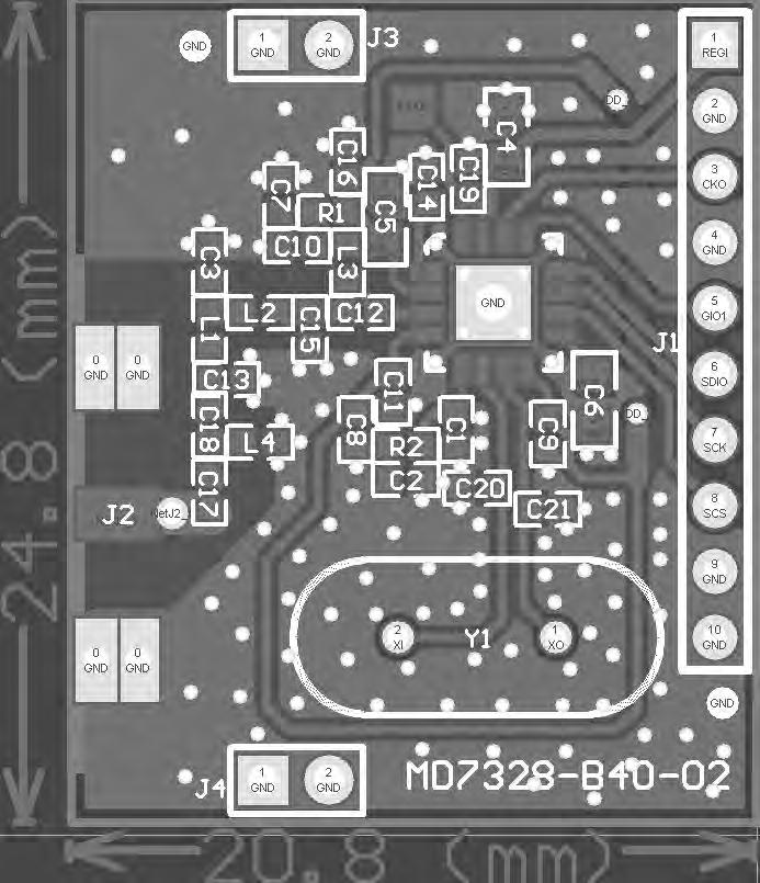 MD7328-B40 is based on a design by a double-sided FR-4 board of 0.8mm thickness. All passive components are 0402 size. This PCB has a ground plane on the bottom layer.
