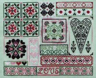 ... and "Hugs and Kisses" ($14 with charting again for both the sampler and the four needlework smalls. That's all for today.