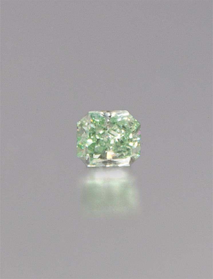 Sale 394 Lot 268 A 0.57 Carat Radiant Cut Fancy Intense Green Diamond, measuring approximately 5.05 x 4.29 x 2.85 mm.