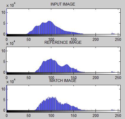 Fig. 3.Histogram analysis of the input, reference and match image The retinal vessels are more stronger in I g, so to suppress the green colour component the I r is set with more weight.