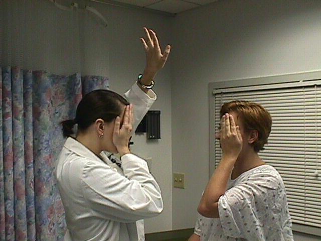 17 20: Visual Fields Ask the pt to cover one eye Cover your opposite eye Ask the pt to look straight ahead Place one hand in