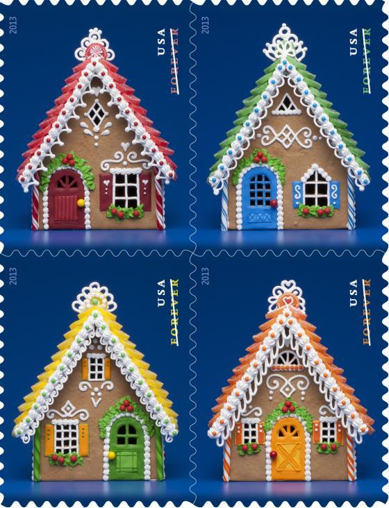 2 For Sale By Owner From the USPS: Four new, cheerful holiday stamps capture the delicious tradition and childlike nostalgia of making gingerbread houses.