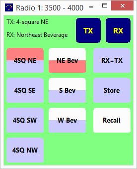 This is a more colorful selector: The selected antennas are the 4-square NE for transmit and the NE Beverage for receive. RX=TX is available.