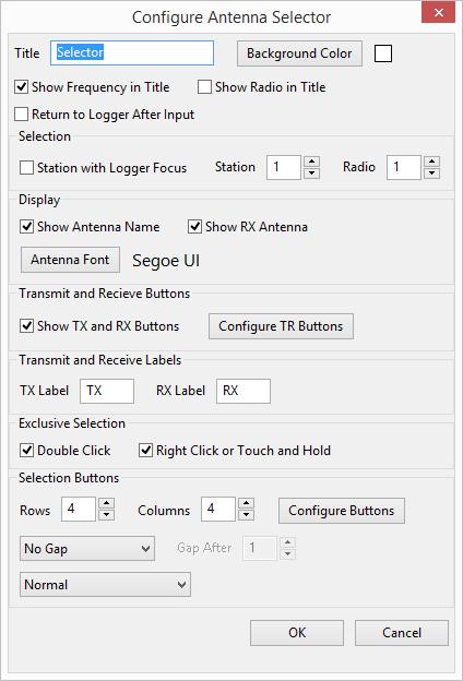 5.4. Antenna Selector This is the dialog that is used to configure an antenna selector: Set the Title text to the text you want to be shown it the title of the Antenna Display window.