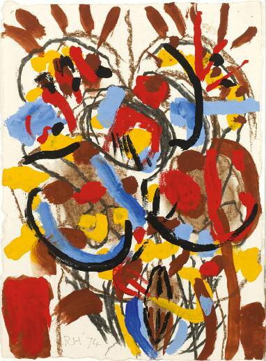 ROGER HILTON 1911-1975 Untitled, 1974 (Brown Yellow Blue & black), 1974 Mixed media on paper Monogrammed and dated 74 lower