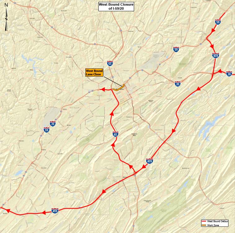 BIRMINGHAM DETOUR INFORMATION Please note for those of you driving through Birmingham on 20/59, or flying into BHM, the best route to Tuscaloosa is to take I-459 S as the 20/59 route through