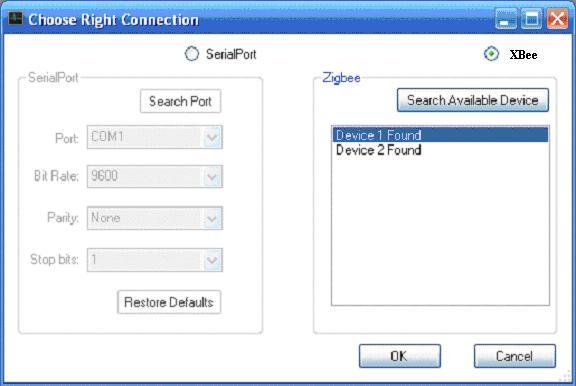Figure 23: Connection Selection Interface As can be seen from the figure above, the user can select either the serial port or XBee wireless to communicate with the target device.