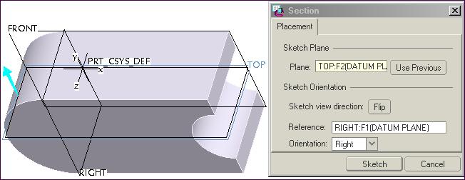 Create the first cut, click: Extrude Tool from dashboard click Remove Material Options Symmetric Section dialog box displays, Sketch Plane--- Plane: select TOP datum from the model as the