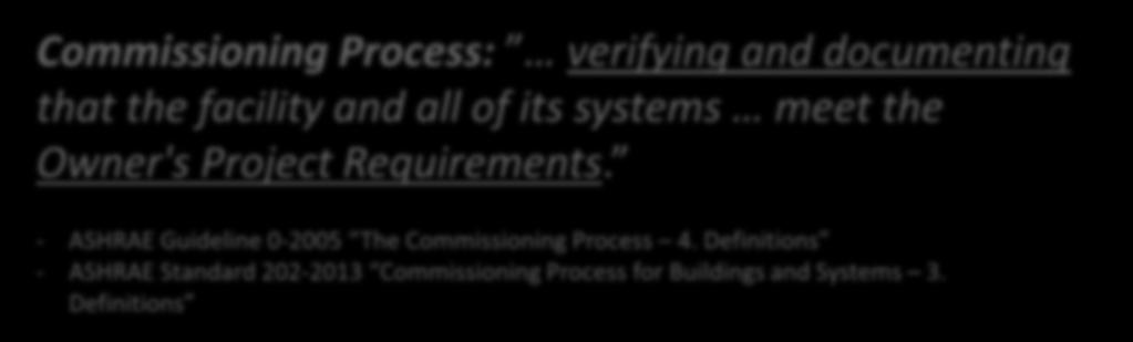 Commissioning Process: verifying and documenting that the facility and all of its systems meet the Owner's Project Requirements.