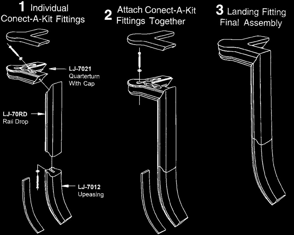 EXPLODED VIEW OF TWO CONECT-A-KIT FITTINGS LJ-7021 Quarterturn with Cap LJ-7012 Upeasing All of the Conect-A-Kit fittings have a base with machined pockets and a