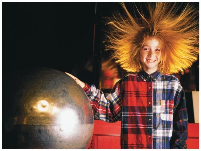 Biological Effects and Electrical Safety A girl touching a Van de Graaff generator is not in danger of shock because she is standing on an insulating surface.