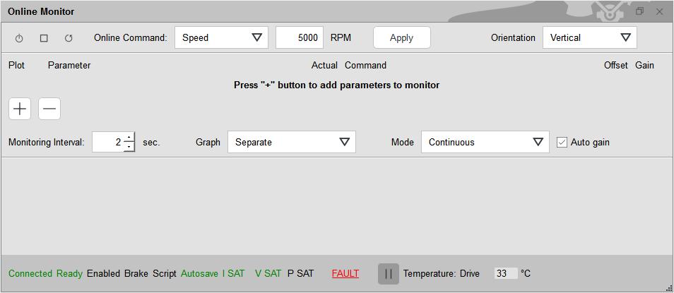 12 Step 8 Step 5 Step 6 Step 7 Status area 1 2 3 4 5 6 7 8 9 10 11 Figure 44: Online Monitor Window Status area: The drive status area shows the status of different characteristics of the drive.