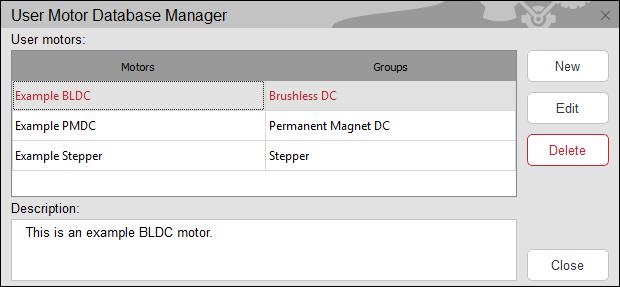 Delete a motor from user motor database: Open the User Motor Database Manager window and select the motor to be deleted and click Delete. Click OK in the information window as shown in Figure 66.