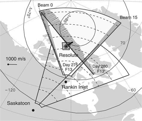 Figure 1. Field of views (FoVs) of the Saskatoon (SAS) and Rankin Inlet (RKN) PolarDARN HF radars. Dashed circular lines are range marks for range gates 15, 25, 35, 45, and 55.