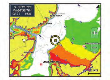 Green indicates good depth and GPS position, and a speed under 16 km/h (10 mph). Yellow indicates good depth and GPS position, and a speed between 16 and 32 km/h (10 and 20 mph).