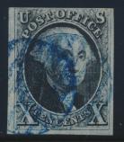 This stamp has exceptionally large margins, showing part of three adjoining stamps.