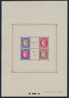 ... Est $100 France 1018 * #329 1937 PEXIP Philatelic Exhibition Souvenir Sheet, mint, hinged in upper margin only, very light wrinkles