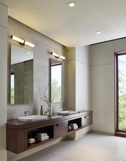 Can be mounted horizontally or vertically. Two Lynk 24 LED wall sconces by LBL Lighting are shown in this modern bathroom. About LBL Lighting Headquartered just outside of Chicago in Skokie, Ill.