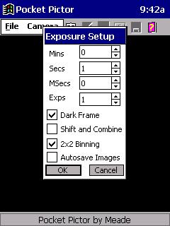 Tap the exposure setting icon. The following screen displays. Exposure Setup Set the minutes, seconds and milliseconds for your exposure and also set the number of exposures you wish to take.