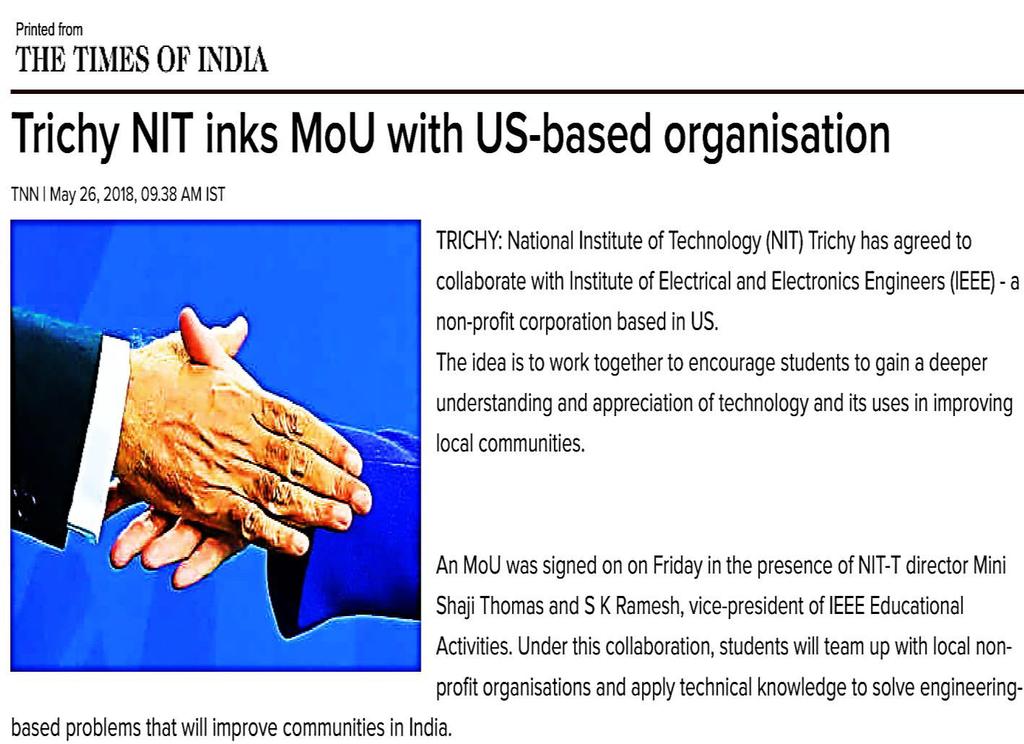The Times of India NIT inks deal with US-based outfit to help improve local communities with tech Trichy: National Institute of Technology (NIT) Trichy has agreed to collaborate with Institute of