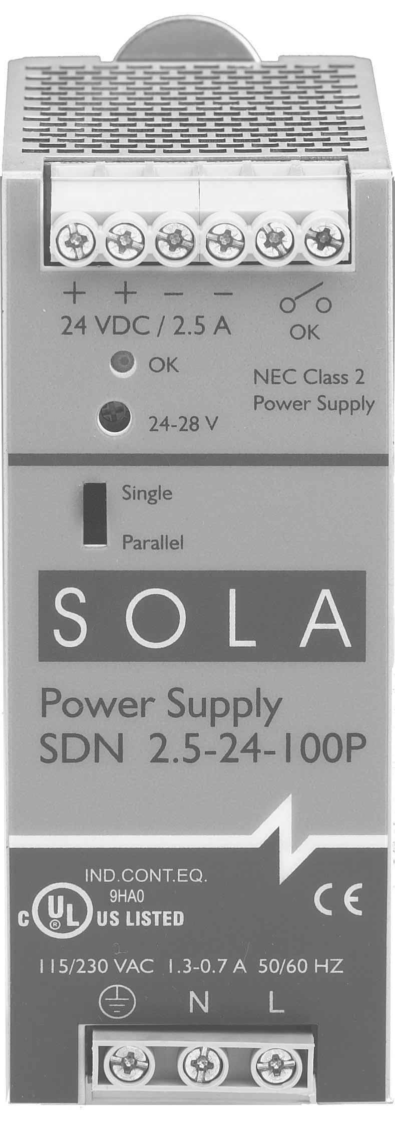 The Sola Difference Rugged metal pack ag ing Multiple output connections for ease of wiring multiple devices Strong all metal DIN con nec tor for horizontal or vertical mounting Large, heavy-duty