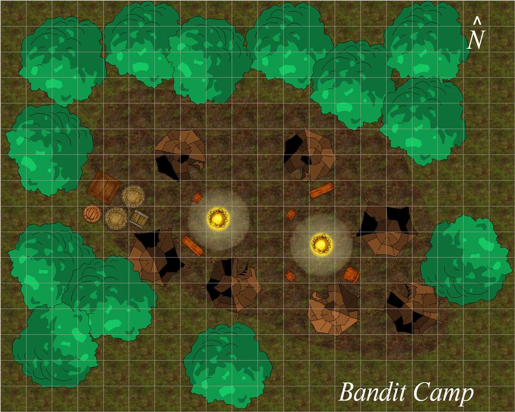 EVENT 3: BANDIT CAMP (CR 4) The bandits central camp is only several miles away from the outpost detailed in Event 2 and the party comes upon it from the south.