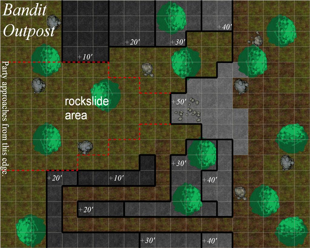 If the PCs do not spot the ambush, or if they are crashing through the brush with little concern for stealth, the bandits have time to trigger the rockslide. Read or paraphrase the following.