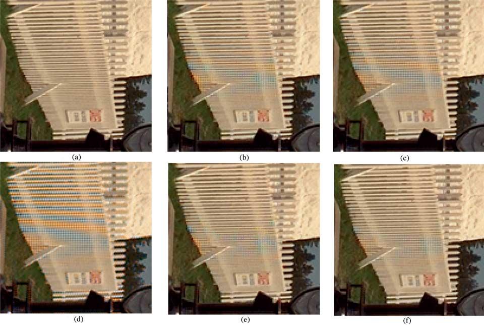 (f) Our scheme (spatially adaptive threshold =4and =0:05). Fig. 12. (a) Portion of original img8. (b) Reconstructed image by [17].