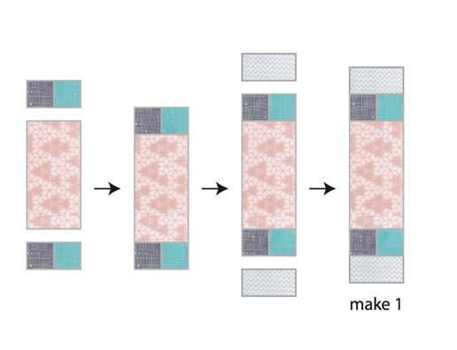 4. Sew one aqua/gray squares unit to both short ends of two of the pink rectangles. Orient the squares so that the gray is on the left and aqua on the right as shown above.