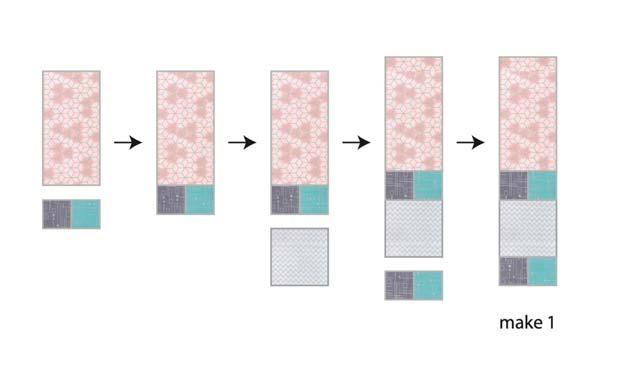 See graphic on page 3. 6. Sew aqua/gray squares units to each end of a third pink 3 1/2 x 6 1/2 rectangle. Orient the gray to the left and the aqua to the right as shown below.
