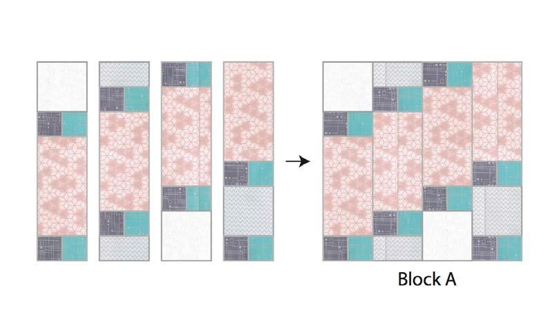 10. Sew the last aqua/gray squares unit to the other side of the gray square. Press toward the gray square. 11. Arrange the block A units sewn made in steps 4-10 as shown below. 12.