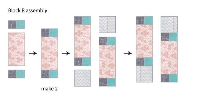 Make two A blocks with each print fabric (two pink prints, two yellow prints, one blue print), or a total of 10 A blocks, keeping the gray/aqua squares units, white and gray fabrics in